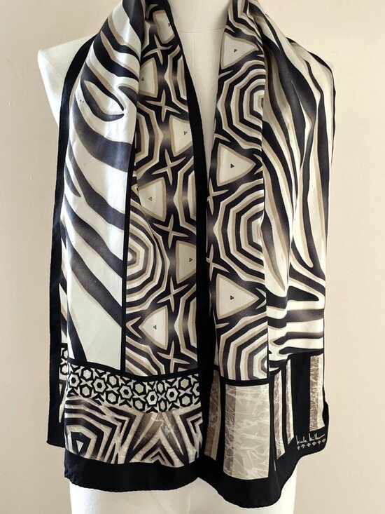 Vintage Nicole Miller Studio Silk Geometric Scarf Black Rectangular 11X54 Luxury - Picture 1 of 7